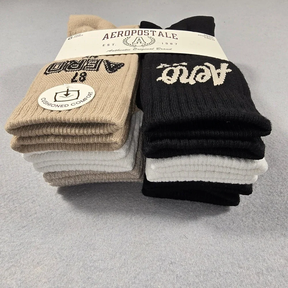 NWT 6-Pack Aeropostale Mens 6-12 Black Tan Brown Crew‎ Socks Athletic Cushioned